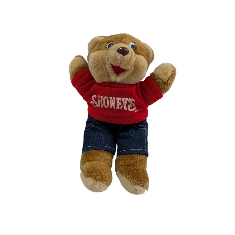 Vintage 1986 Shoney Bear Plush Mascot Red Sweatshirt Denim Pants 9 Inch